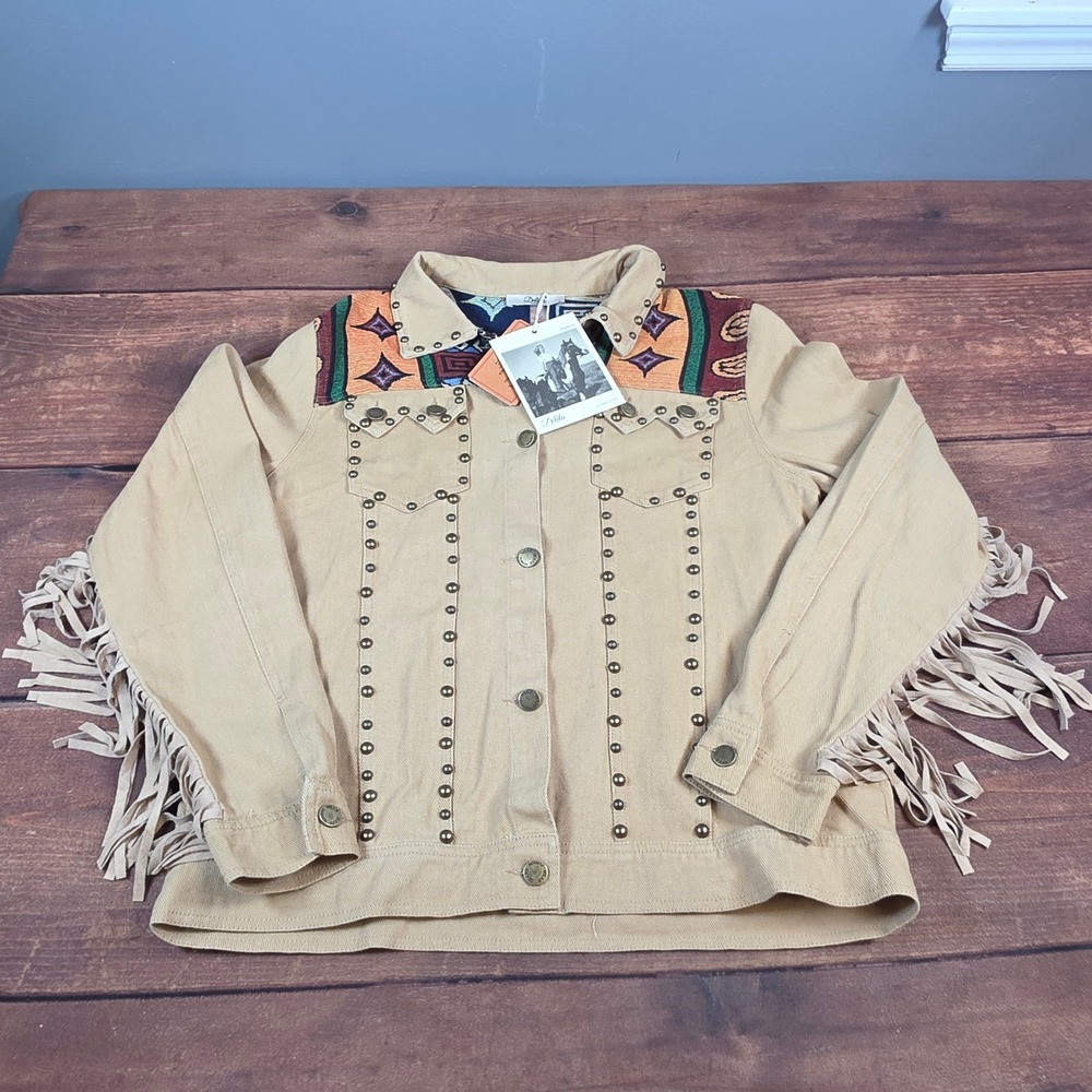 Delila Western Fringe Jacket Womens Large Beige New Studded Southwestern DL-J002